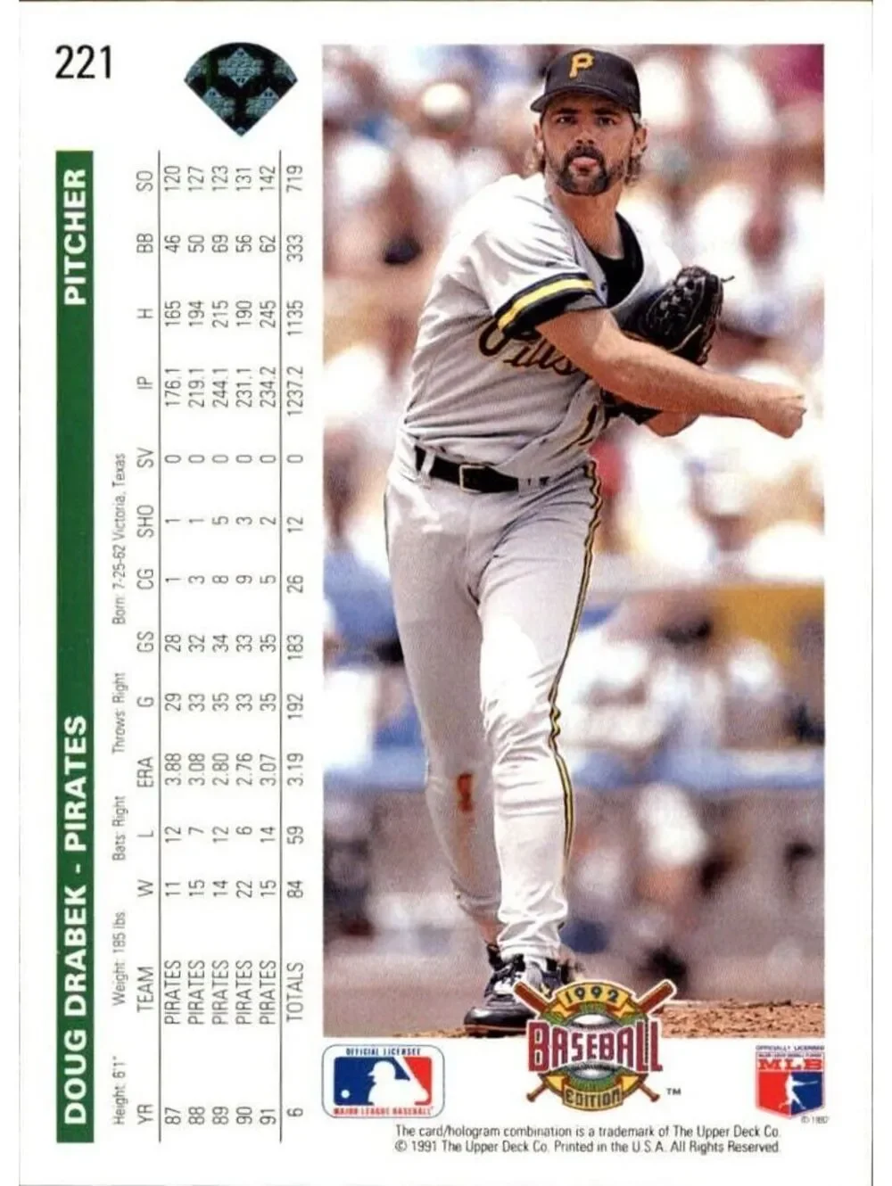 Doug Drabek 1992 Upper Deck MLB #221 Baseball Card Pittsburgh Pirates